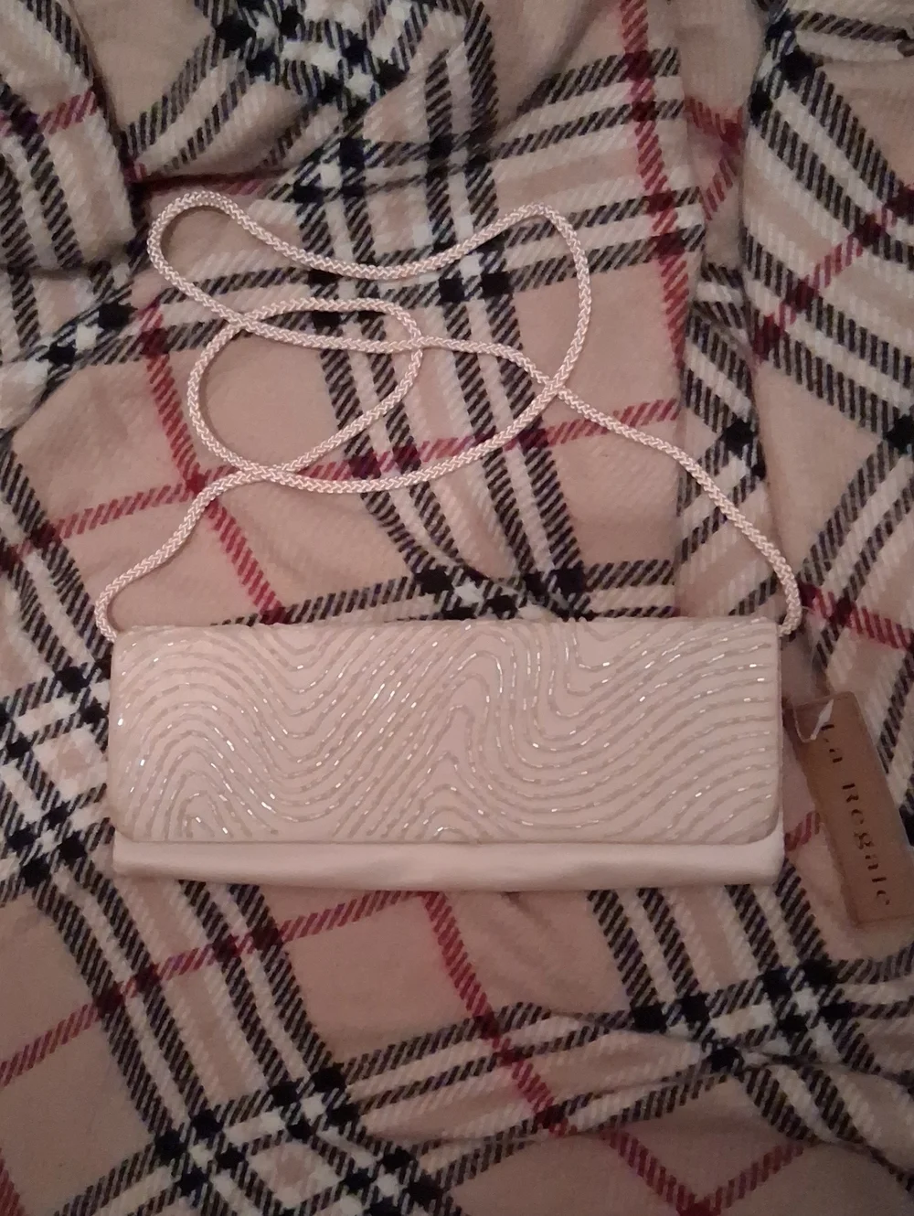 NWT La Regale Ivory Beaded Envelope Clutch Purse with Long Drop Strap 10x4